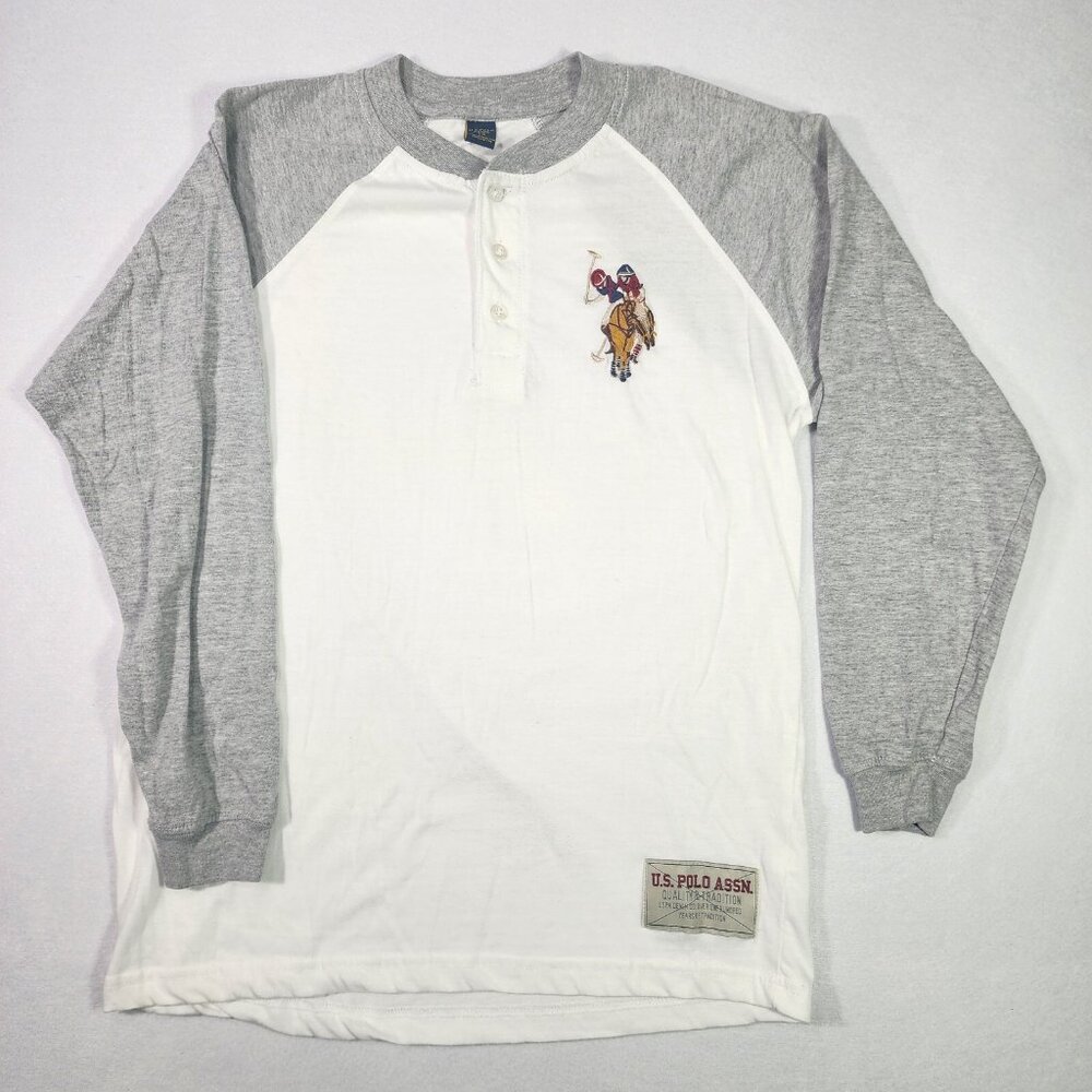 US Polo Assn. Boys Henley sz 18 White with Grey Long Sleeve 2 Player Emblem